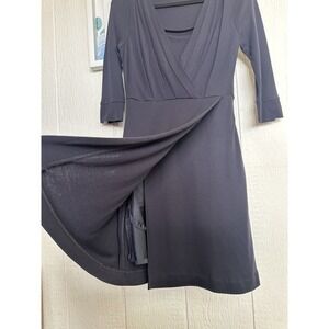 Ined Size 9 Black 1/2 Slit Sleeve Front Slit & Pleated V Neck Knee Length Dress